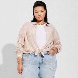 Torrid, long sleeve, button down blouse, beige and white striped, size 3
